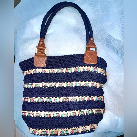 The Sak Cambria Crocheted Large Double Strap Zip Top Tote Navy Woven Ribbon - Picture 2 of 10